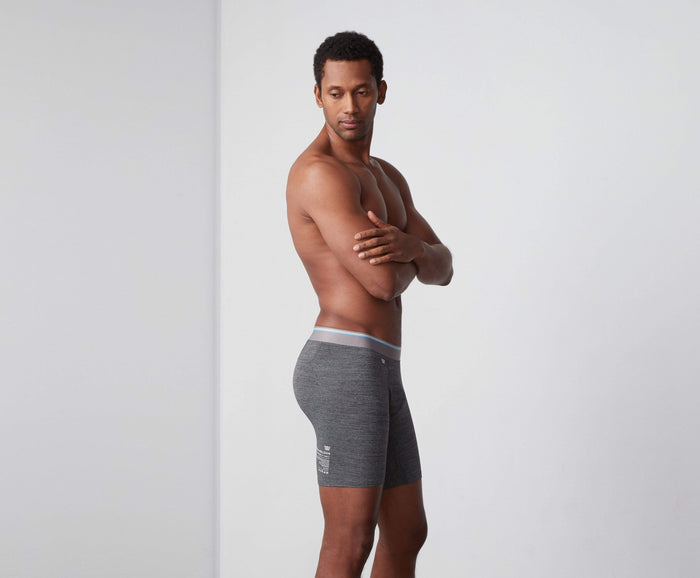 Side view of a man wearing AIRKNITx 8" Boxer Brief in Charcoal Heather