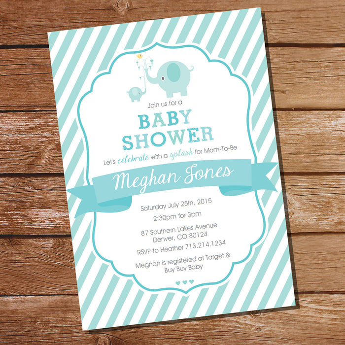 Aqua Blue Elephant Baby Boy Shower Invitation