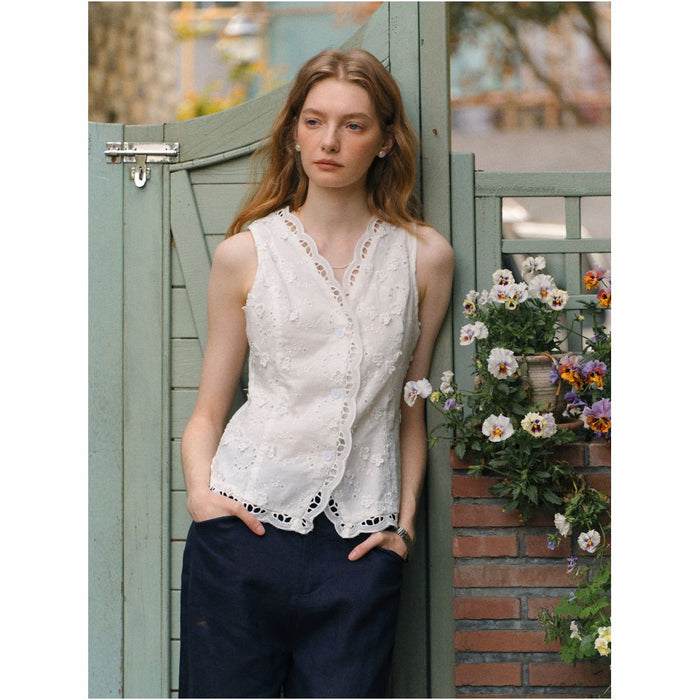 Clean Sense French style white sleeveless V neck top with embossed floral embroidery and lace trim image 1