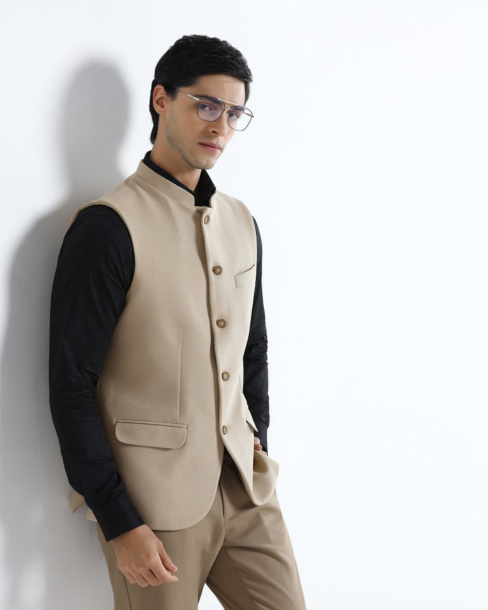 Beige Bandhgala Textured Waistcoat - Levon