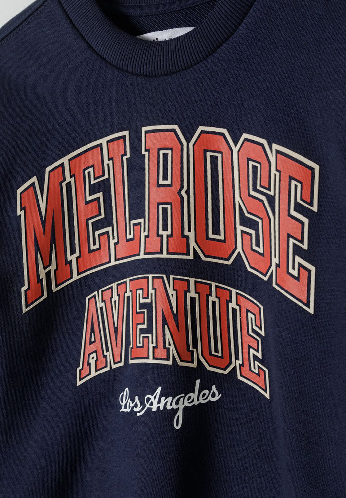 Close-up of a navy boys fleece crew neck sweatshirt featuring a decorative print.