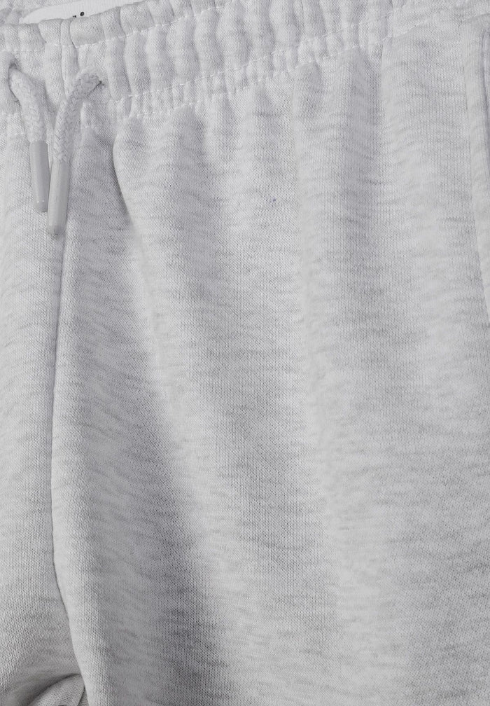 Detail of boys grey cargo joggers with elastic waistband and drawstring.