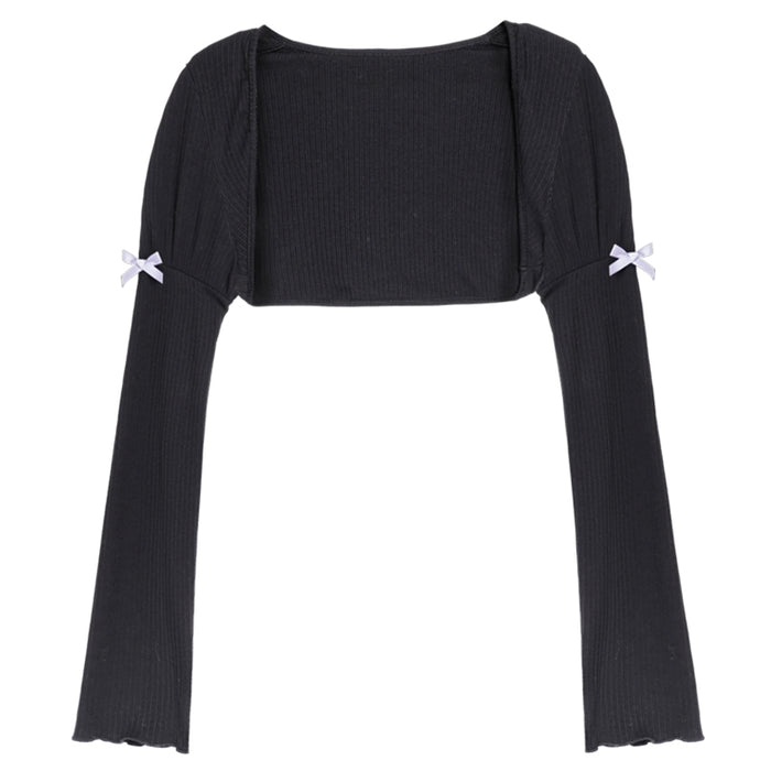 Dark Bow Long-Sleeve Blouse Cape Sun Protection Short Blouse