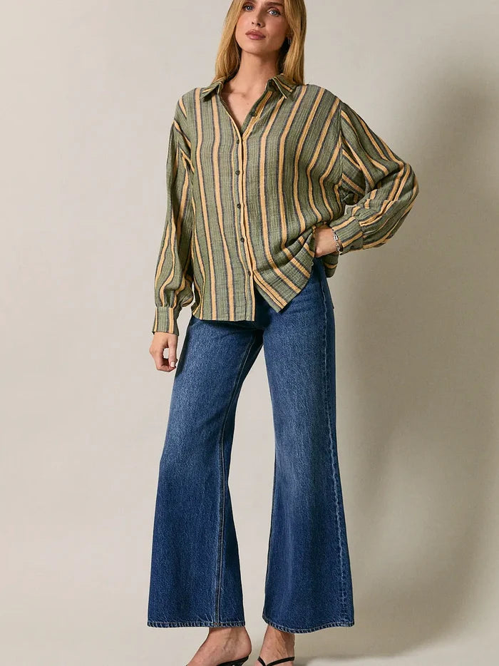 Dolman Long Sleeve Button Down Stripe Shirt