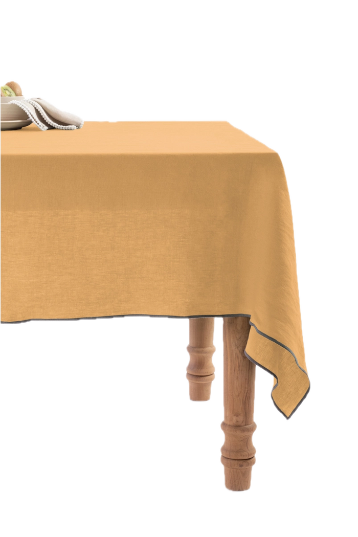 Dusty Gold & Grey Needlework Linen Tablecloth
