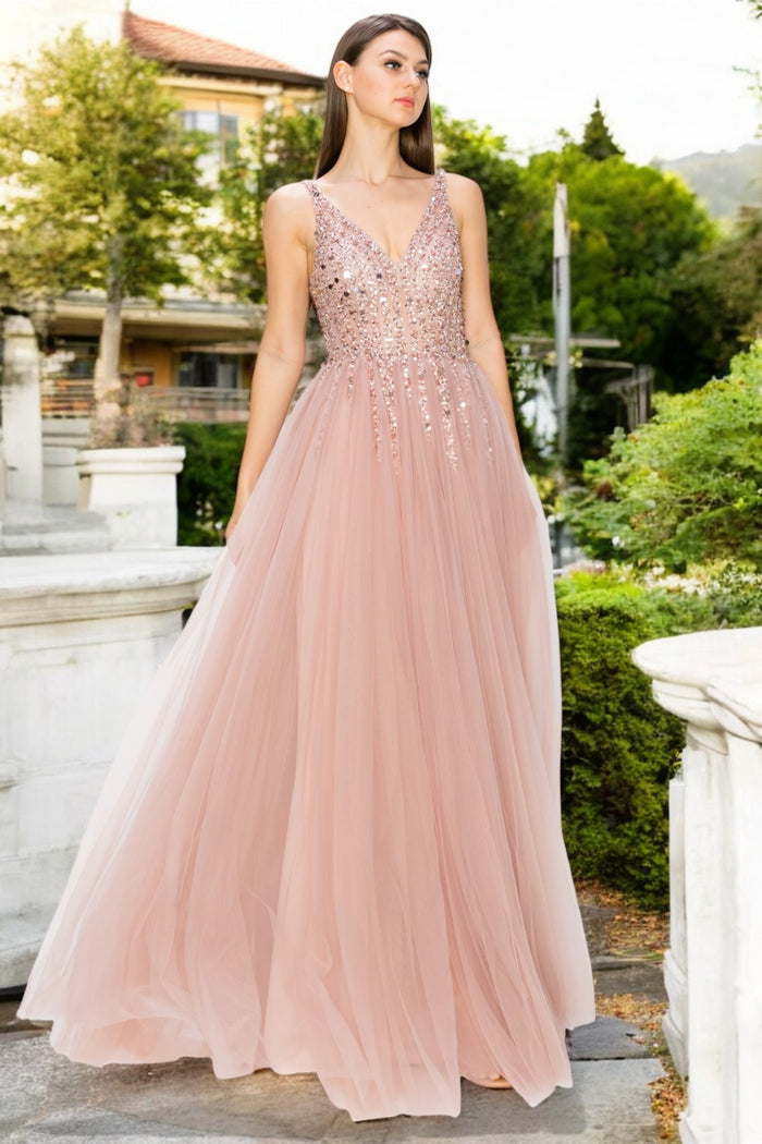 Dusty-Rose Sequins Lace Tulle A-line Gown by Cinderella Couture USA AS8034J - Special Occasion/Curves