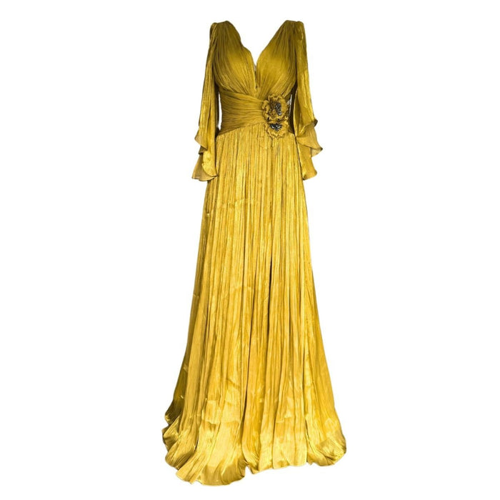 Cult Moda Elegant Chiffon Evening Dress Gown with Floral Brooch - Runway Catalog