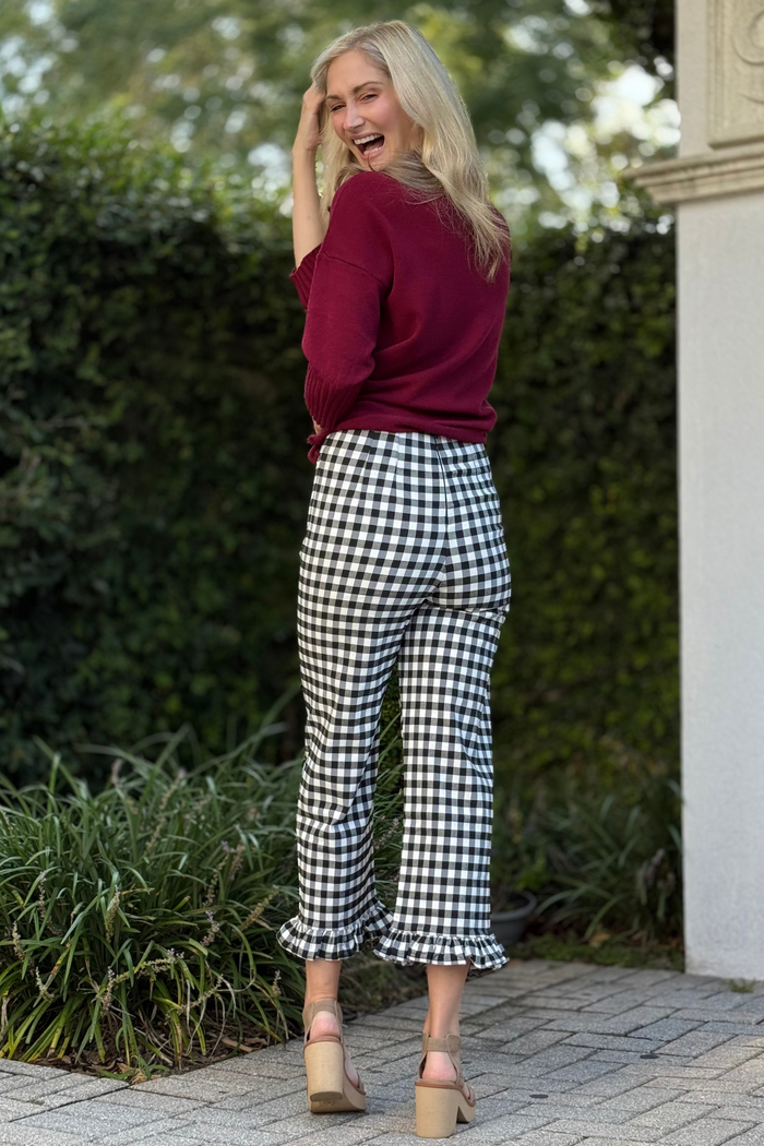 Gingham Ruffle Trim Straight Leg Pants in Black