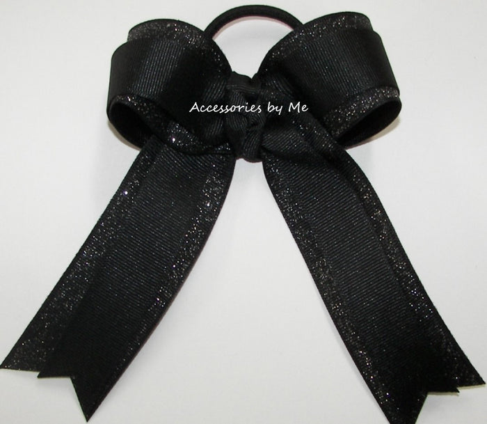 Glitter Black Bow Ponytail Holder Elastic