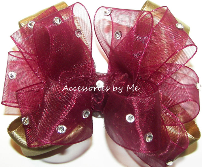Glitzy Burgundy Wine Gold Hair Bow