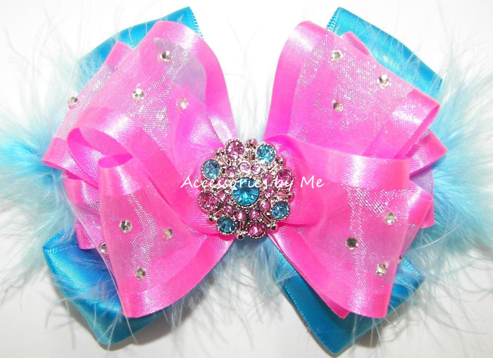 Glitzy Hot Pink Turquoise Marabou Hair Bow