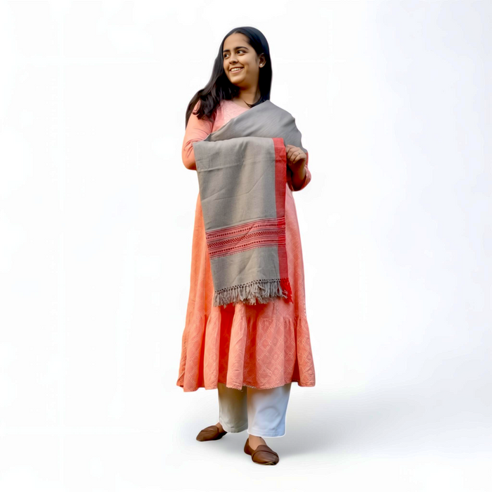 Grey & Multicolor Woolen Stole – Handcrafted Pattern with Fringe Edges - Mojopanda Organic Store