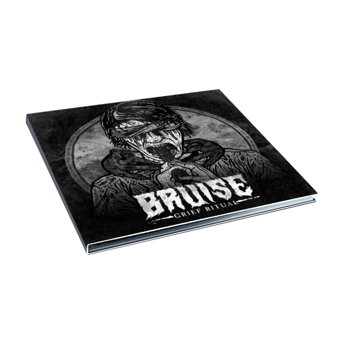 A square album cover by Bruise titled GRIEF RITUAL showcases a dark, stylized hooded figure with a distressed look on a textured circular background—reflecting the essence of Blessing Or A Curse.