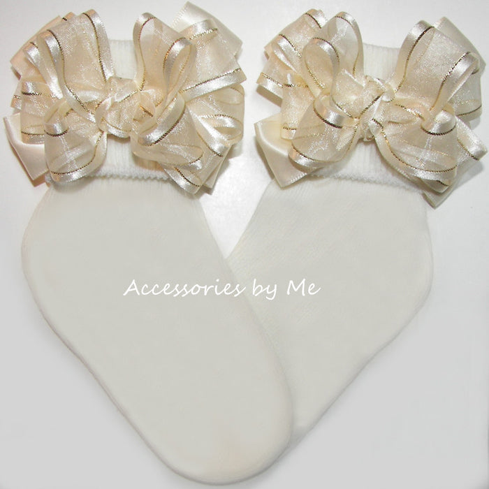 Ivory Gold Organza Satin Bow Socks