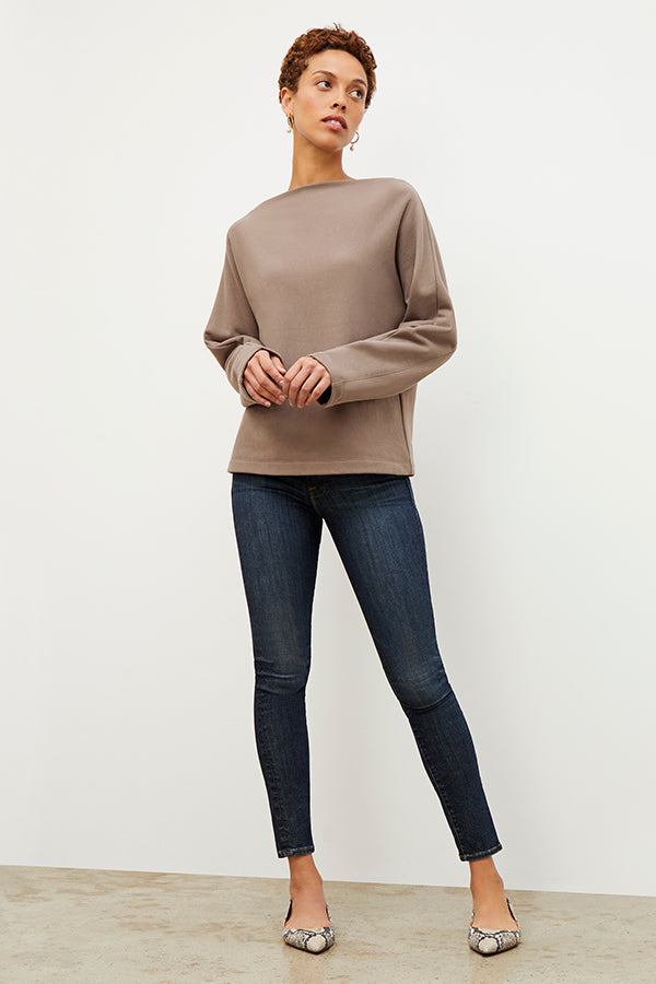 Front image of a woman wearing the Kristin Pullover - French Terry in Mink | Exclude