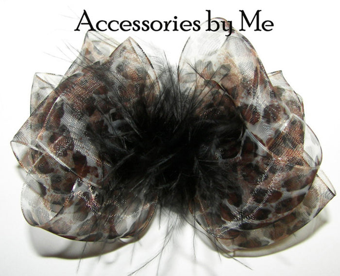Leopard organza Black Marabou Feathers Hair Bow