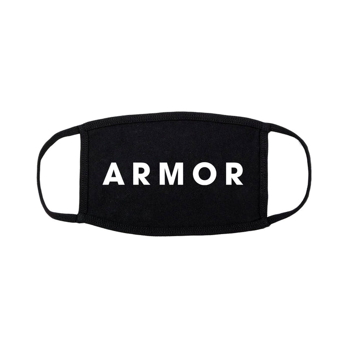 A black cloth face mask from Armor For Sleep features ARMOR in bold white uppercase letters across the front. It has ear loops and is designed to be hand washed and air dried for durability.