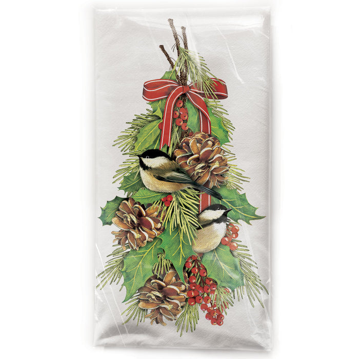 Mary Lake-Thompson Chickadees and Holly Cotton Flour Sack Dish Towel