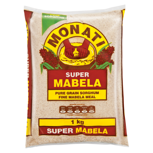 One 1 kg plastic bag of Monati Super Mabela Pure Grain Sorghum Fine Mabela Meal.