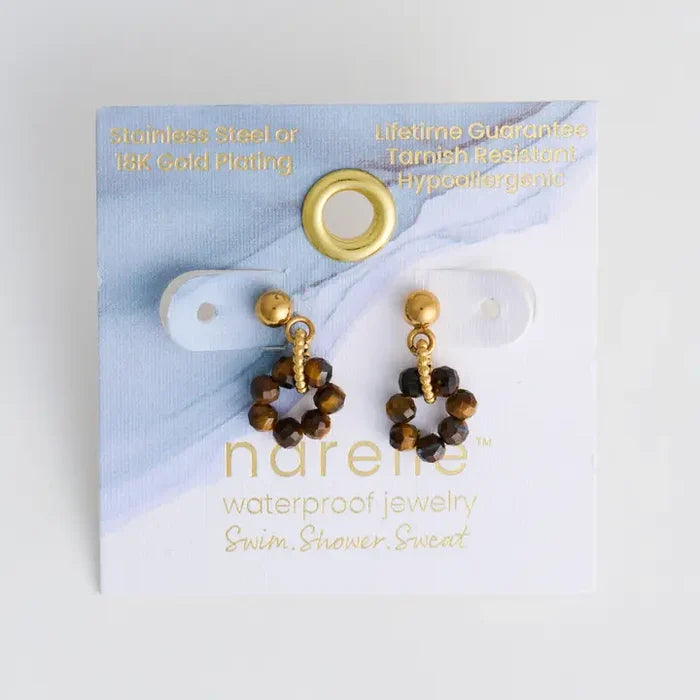 Narelle Waterproof Genuine Tiger's Eye Beaded Hoop Drop Earrings