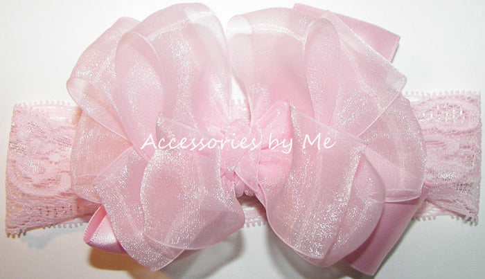 Light Pink Organza Satin Bow Wide Lace Headband