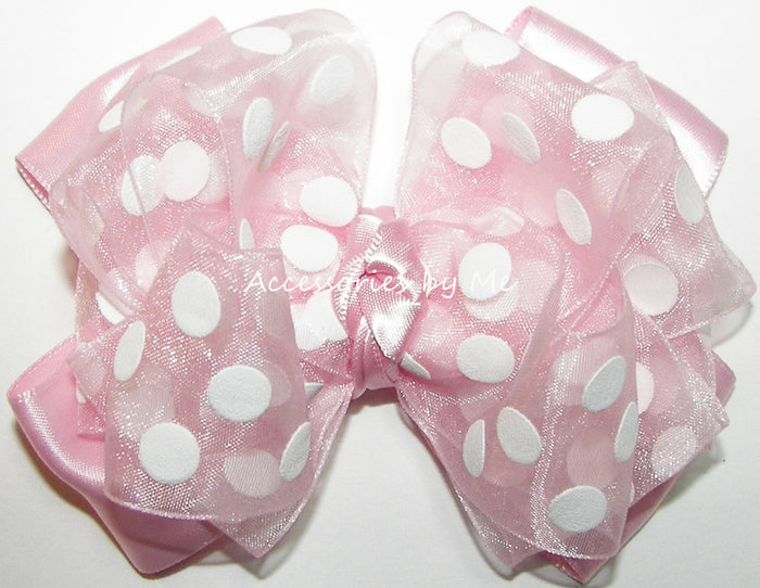 Pink Polka Dot Organza Satin Hair Bow