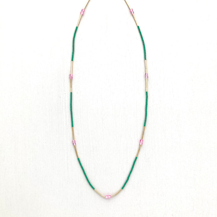 Pink Topaz and Green Seed Beads Necklace