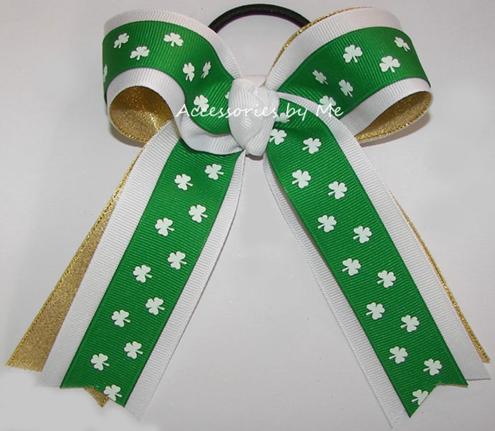 Shamrock Green White Gold Metallic Ponytail Bow