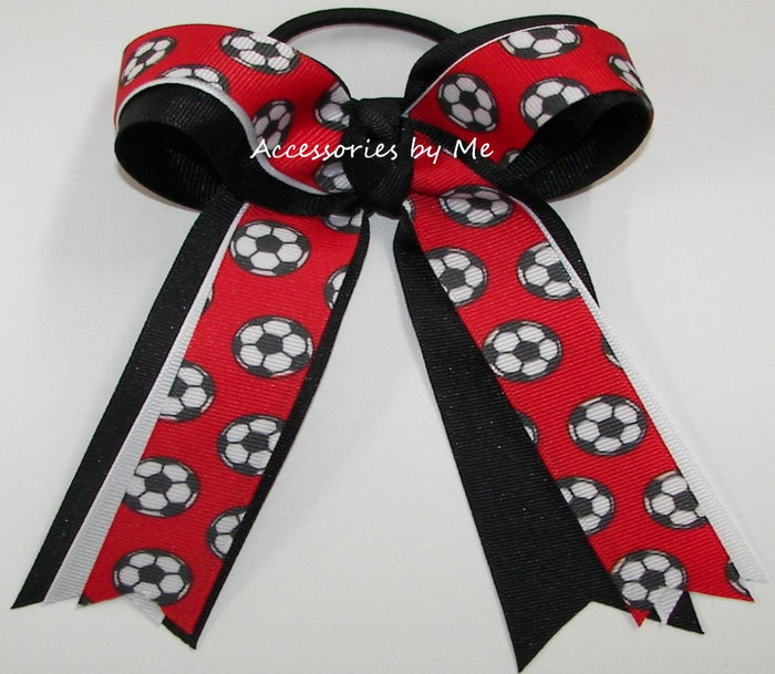 Soccer Red White Black Ponytail Bow