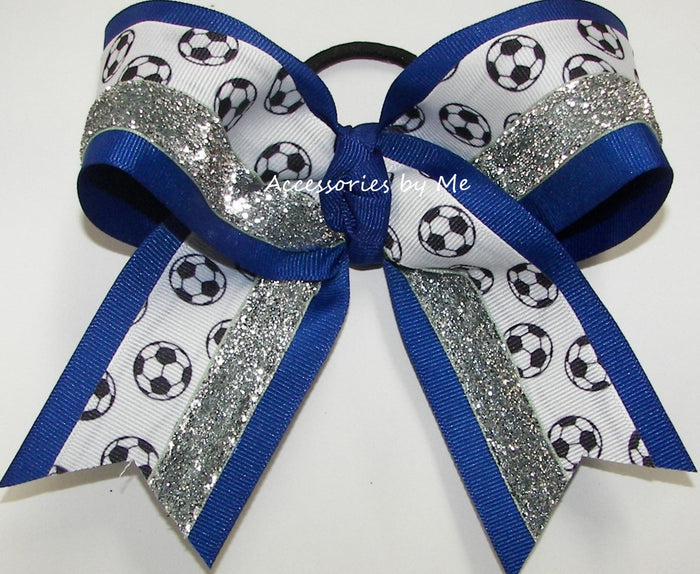 Soccer Royal Blue Silver Glitter Hair Bow