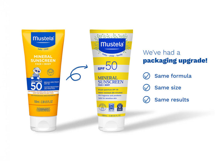 Mustela USA | SPF 50 Mineral Sunscreen Lotion Tube old and new packaging same formula size and results