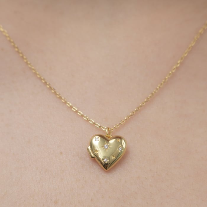 Sterling Silver Gold Vermeil CZ Star Setting Heart Locket Necklace