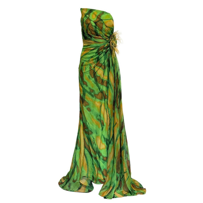 Dekolte Strapless Green Purple Print Party Dress - Runway Catalog