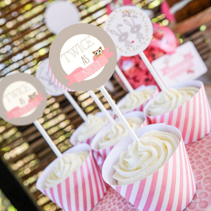 Twin Bunny Baby Shower Cupcake Toppers and Cupcake Wrappers