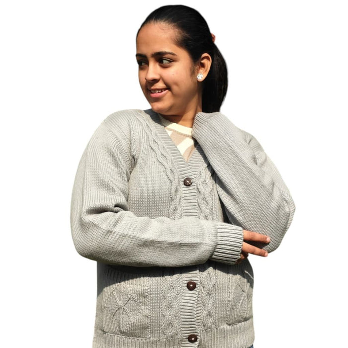 100% Wool Handcrafted Cable Knit Cardigan – Grey |