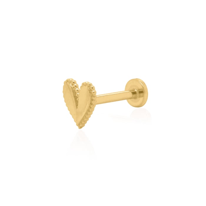 14K Yellow Gold Beaded Border D/C Heart Stud Flat Screwback Single Piece
