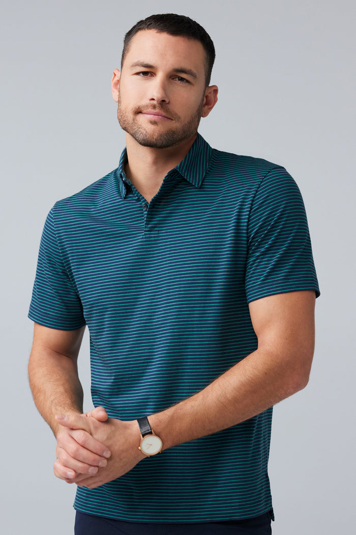 Front view of a man wearing Pima T-Shirt Polo in True Navy Pinpoint Stripe