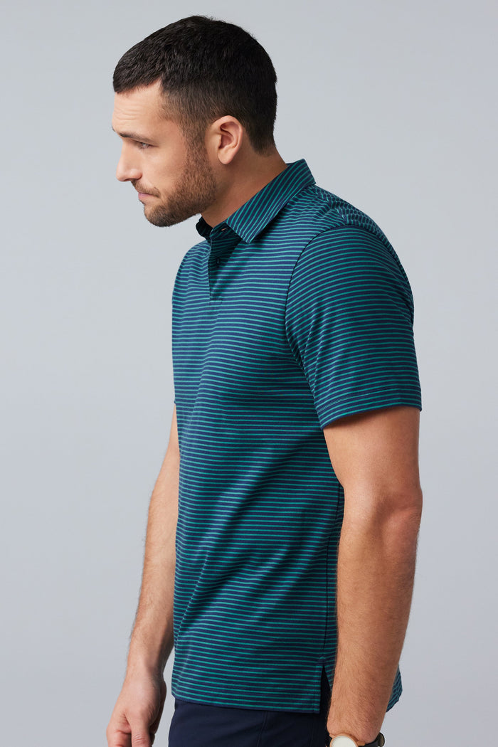 Side view of a man wearing Pima T-Shirt Polo in True Navy Pinpoint Stripe