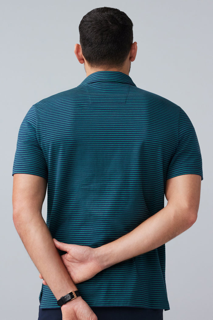 Back view of a man wearing Pima T-Shirt Polo in True Navy Pinpoint Stripe