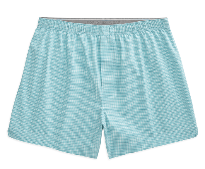 Front view of 24/7 Woven Boxer in Pool Water Highland Check