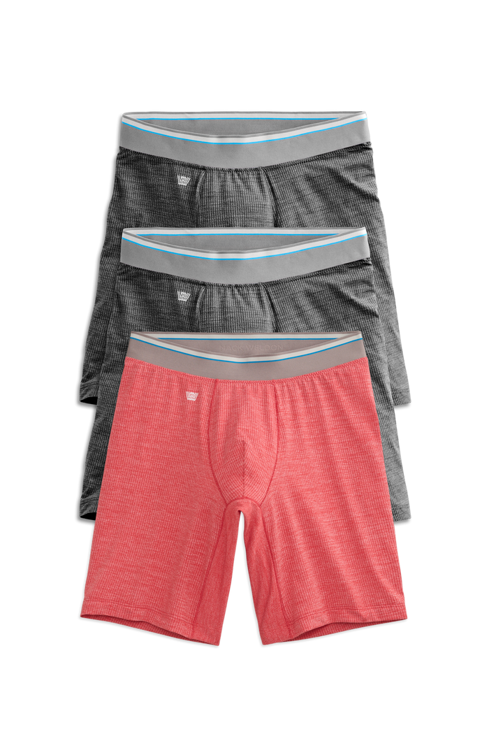 Front view of 3 pack Airknitx 8" Boxer Briefs in Jelly Roll & Charcoal
