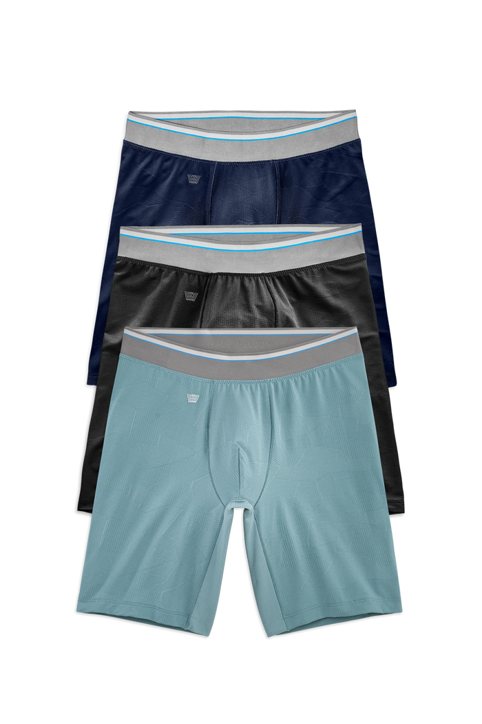 Front view of 3 Pack AIRKNITx 8in Boxer Brief in Black & Blue