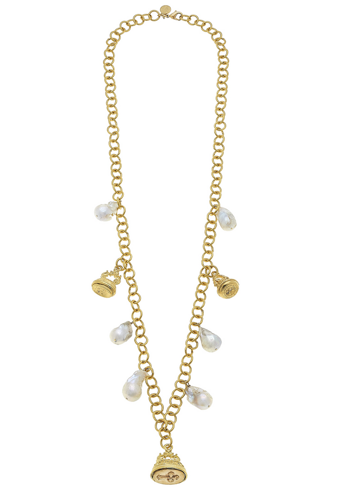 34" Handcast Gold Cross Fobs & Genuine Freshwater Baroque Pearl Chain Necklace