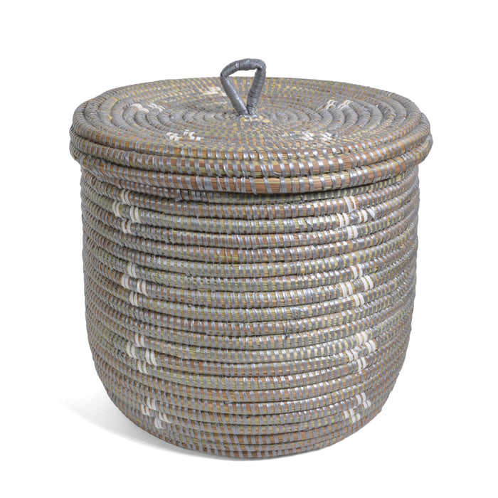 African Fair Trade Flowers Hand Woven Lidded Basket, Silver/White