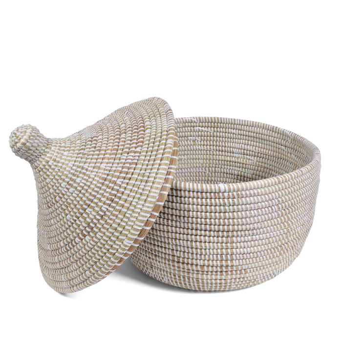 African Fair Trade Handwoven Lidded Warming Basket, White