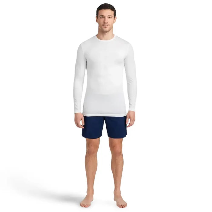 Male model wearing a Sub Zero All Active Mens Aerobic Long Sleeve Top in white with black running shorts on a white background
