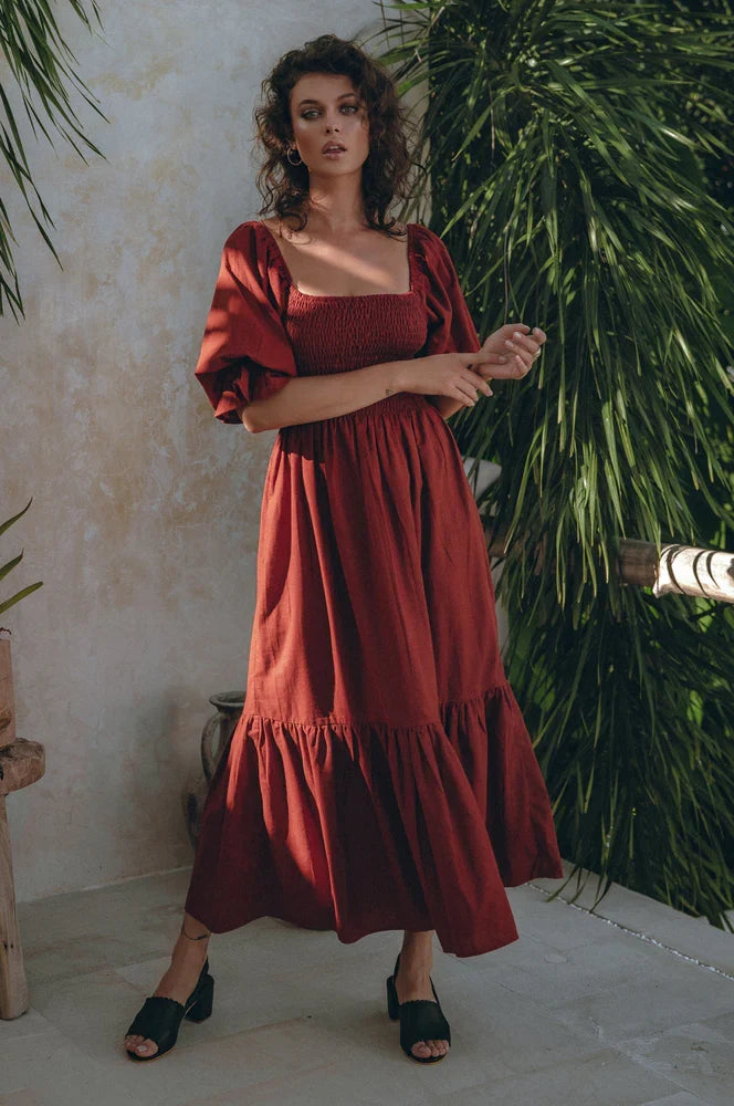 Almeria Smocked Midi Linen Dress