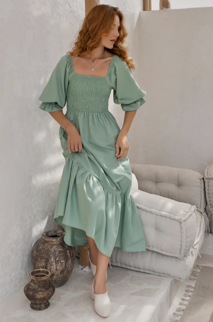 Almeria Smocked Midi Linen Dress