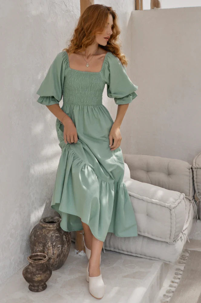Almeria Smocked Midi Linen Dress