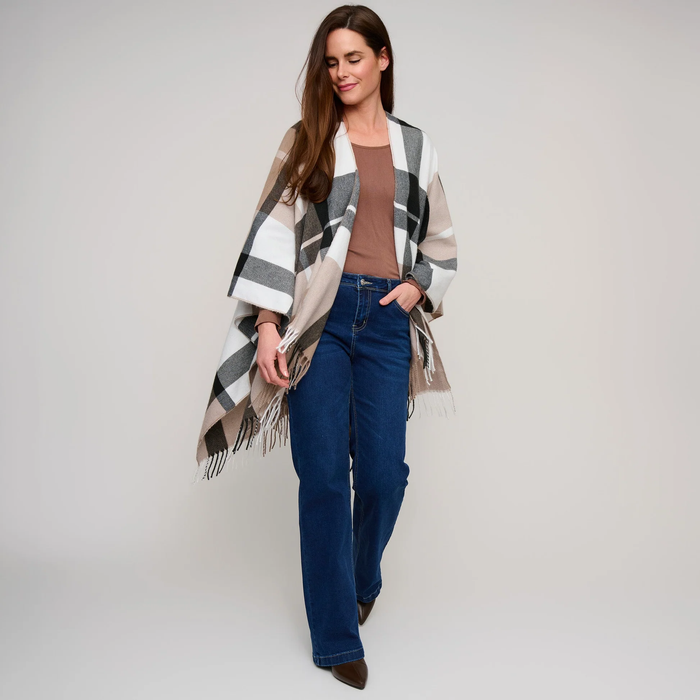 Alora Open Front Taupe Plaid Wrap
